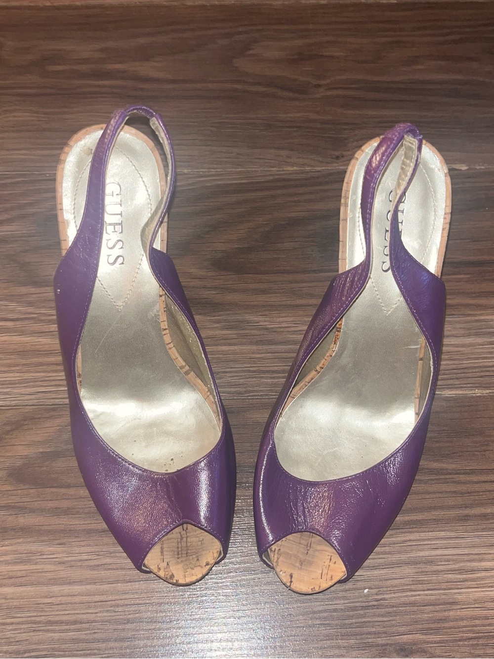 Guess Purple Peep-Toe Slingback Heels with Cork Accent